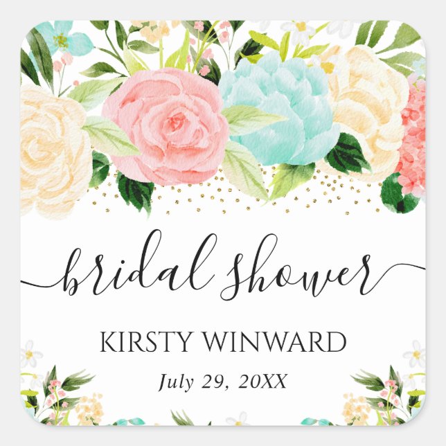 Adesivo Quadrado Chá de Bebê de Flores Rosa e Verde Água em Aquarel (Frente)