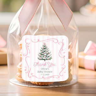 Adesivo Quadrado Chá de Bebê de Inverno Rosa de Natal Obrigado