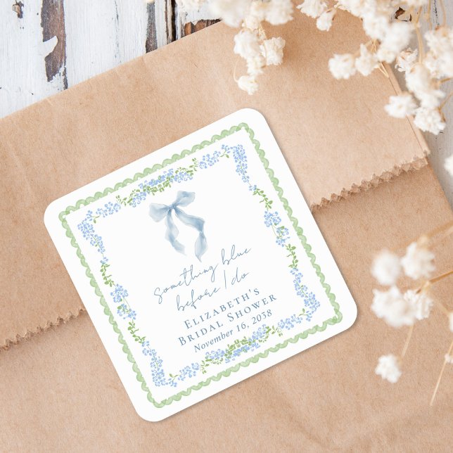 Adesivo Quadrado Chá de Bebê de Laço Azul (Something Blue Bow Bridal Shower Square Sticker)