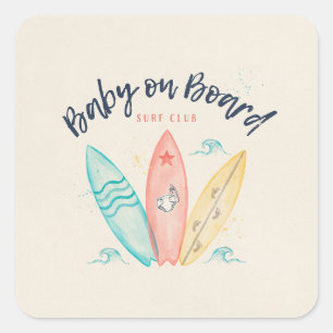 Adesivo Quadrado Chá de Bebê de Prancha de Surf Baby On Board
