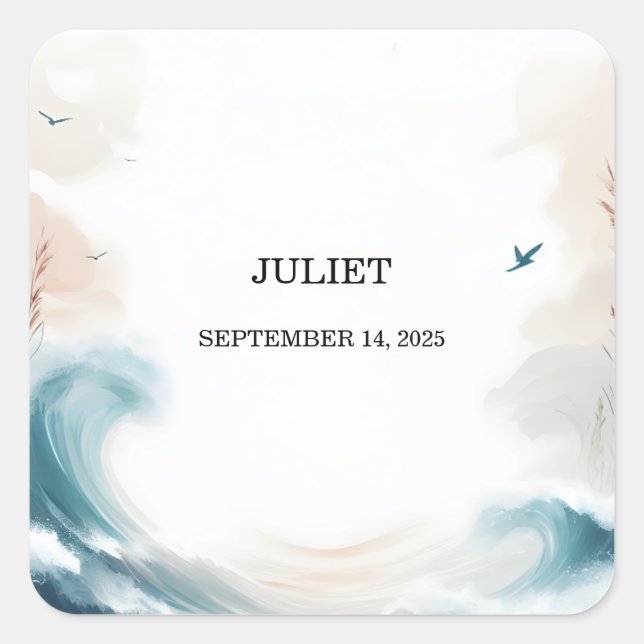 Adesivo Quadrado Chá de Bebê de Verão Praia Oceano Água Azul (Frente)