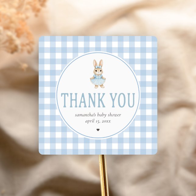 Adesivo Quadrado Chá de Bebê do Somebunny (Gingham Little Bunny Baby Shower Sticker)