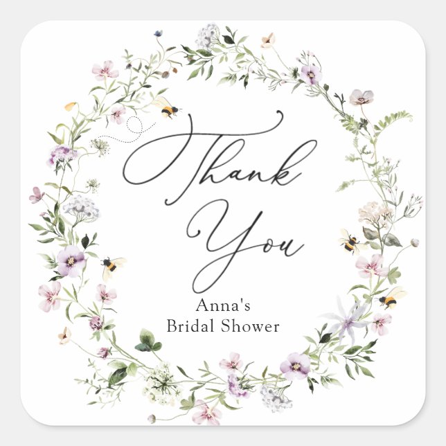 Adesivo Quadrado Chá de Bebê e Noiva Flor de Lavanda e Abelha (Frente)