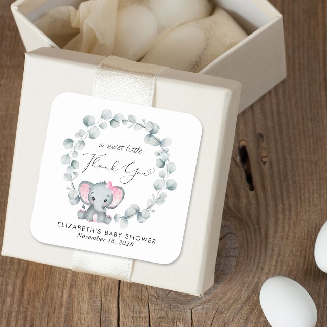 Adesivo Quadrado Chá De Bebê Elefante Bonito Obrigado (Criador carregado)