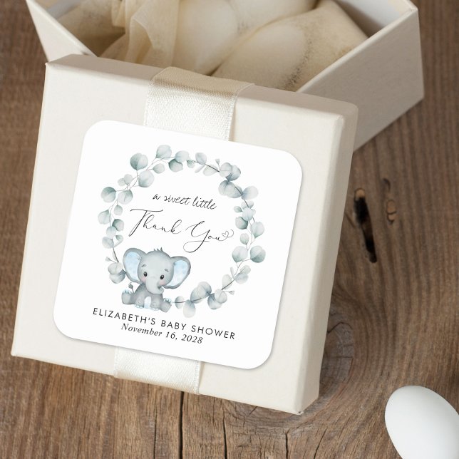 Adesivo Quadrado Chá De Bebê Elefante Bonito Obrigado (Criador carregado)