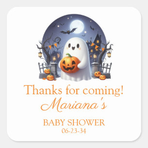 Adesivo Quadrado Chá de Bebê Fantasminha Boo de Halloween