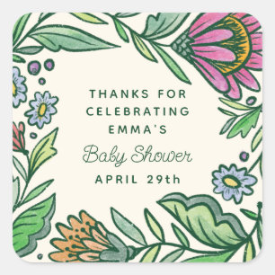 Adesivo Quadrado Chá de Bebê Floral Escandinavo Artístico