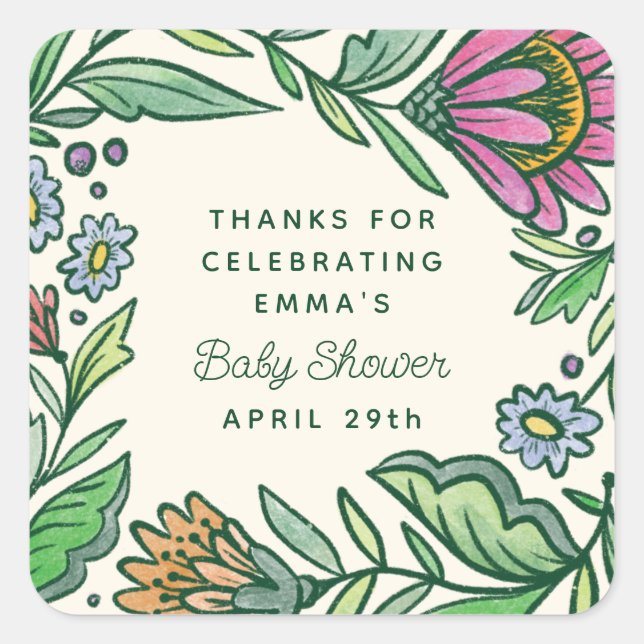 Adesivo Quadrado Chá de Bebê Floral Escandinavo Artístico Folclóric (Frente)