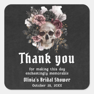Adesivo Quadrado Chá de Bebê Floral Preto de Halloween Crânio