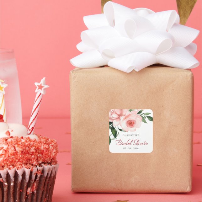Adesivo Quadrado Chá de Bebê Floral Rosa Cor de Rosa (Festa)