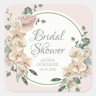 Adesivo Quadrado Chá de Bebê Floral Tropical em Aquarela