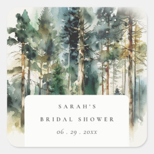Adesivo Quadrado Chá de Bebê Floresta Woodland em Aquarela Elegante