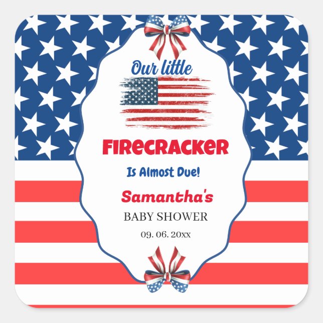 Adesivo Quadrado Chá de bebê little firecracker 4 de julho (Frente)