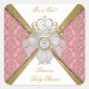 Adesivo Quadrado Chá de Bebê Menina Branco Rosa Princesa Damasco