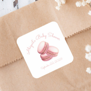 Adesivo Quadrado Chá de Bebê Menina Rosa Pequeno Macaron de Biscoit