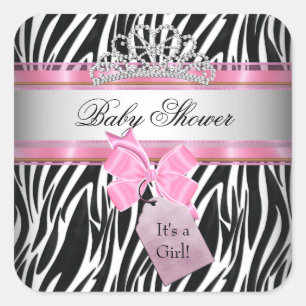 Adesivo Quadrado Chá de Bebê Menina Zebra Rosa Princesa Preta