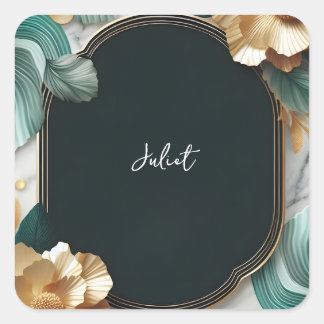 Adesivo Quadrado Chá de Bebê Monstera Verde Esmeralda e Dourado