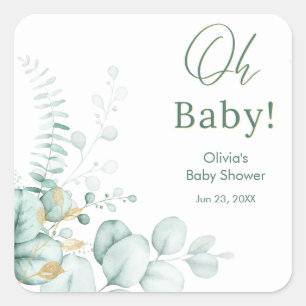 Adesivo Quadrado Chá de Bebê Oh Baby Eucalipto Verde Dourado