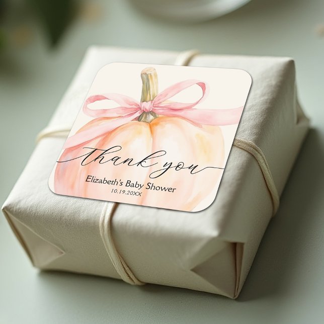 Adesivo Quadrado Chá de Bebê Pequena Abóbora com Laço Rosa (Pink ribbon and bow little pumpkin girl baby shower square stickers)