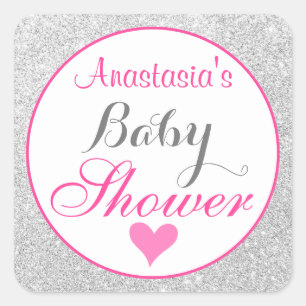 Adesivo Quadrado Chá de Bebê Princesa Rosa e Brilho Prateado Femini