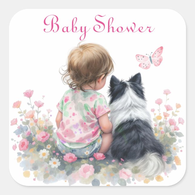 Adesivo Quadrado Chá de Bebê Rosa de Bebê e Cachorrinho (Frente)