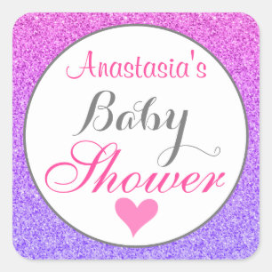Adesivo Quadrado Chá de Bebê Rosa e Roxo Glitter Feminino e Glam