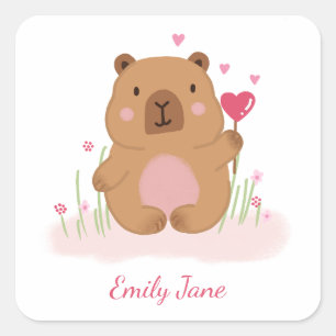 Adesivo Quadrado Chá de Bebê Rosa Personalizado de Capivara Fofa