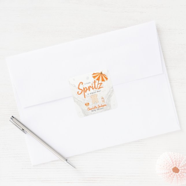 Adesivo Quadrado Chá de Bebê Spritz Bebê com Bolinhas Laranja (Envelope)