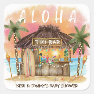 Adesivo Quadrado Chá de Bebê Tiki Beach Bar Tropical Surf & Sea