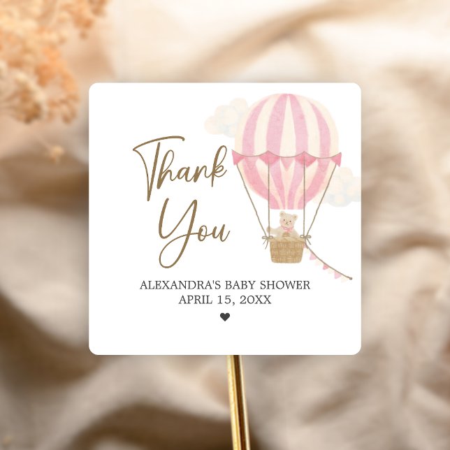 Adesivo Quadrado Chá de Bebê Urso Boho Rosa  (Oh Baby Bear Baby Shower Sticker)