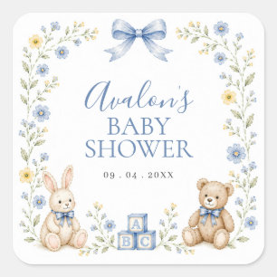 Adesivo Quadrado Chá de Bebê Urso de Pelúcia Floral Azul Bunny Berç