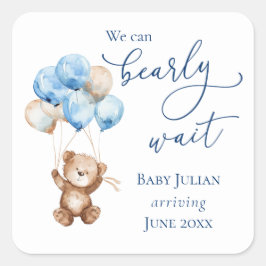 Adesivo Quadrado Chá de Bebê Urso Teddy Azul Bearly Wait