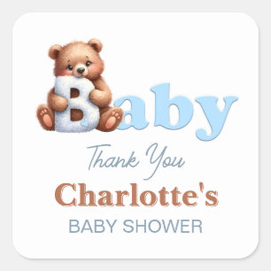 Adesivo Quadrado Chá de Bebê Urso Teddy Azul Obrigado