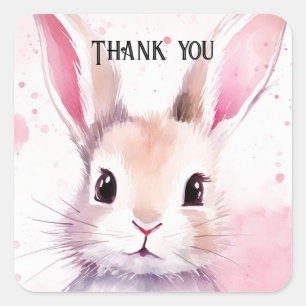 Adesivo Quadrado Chá de Bebê Watercolor Rosa Coelhinho Fofo