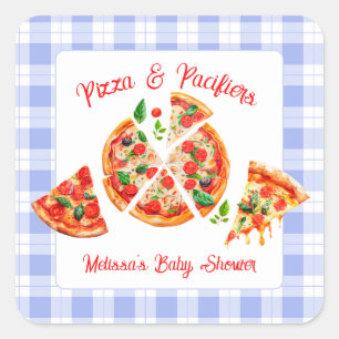 Adesivo Quadrado Chá de Bebê Xadrez Azul Menino Pizza e Chupetas