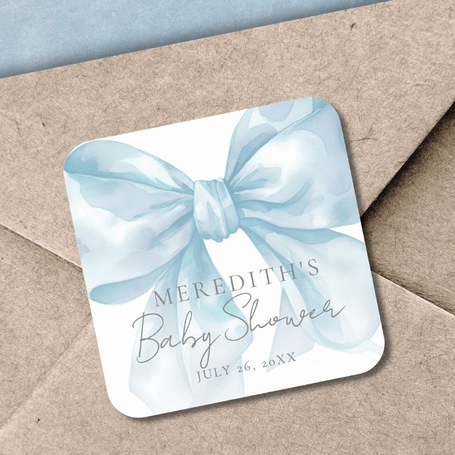 Adesivo Quadrado Chá de fraldas azul Elegante (Elegant Blue Bow Baby Shower Square Sticker)