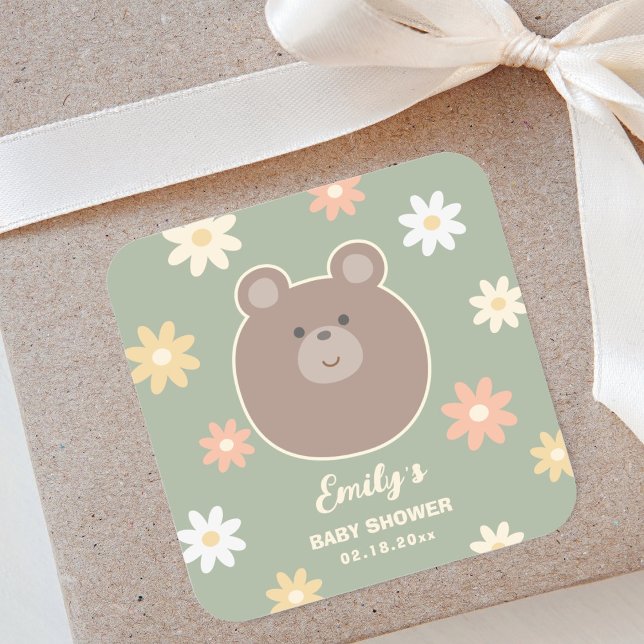 Adesivo Quadrado Chá de fraldas Beary Cute Teddy Bear Primavera (Criador carregado)