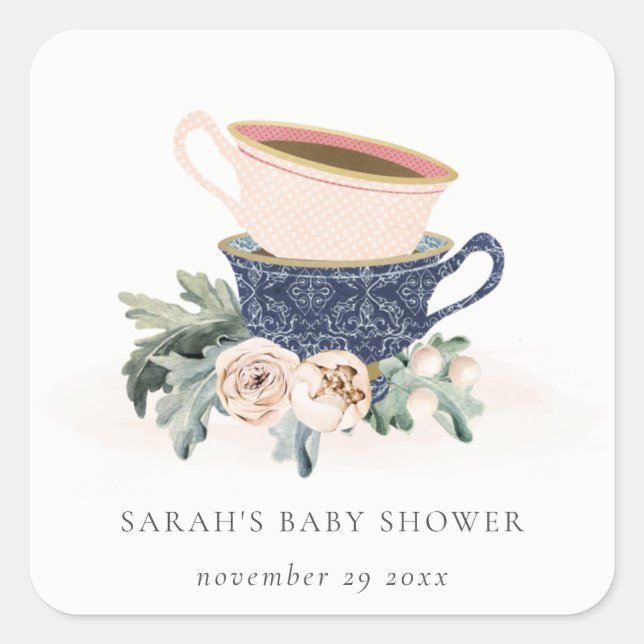 Adesivo Quadrado Chá de fraldas Blush Blue Floral Stacking Tea Cups (Frente)