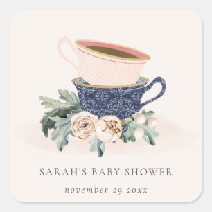 Adesivo Quadrado Chá de fraldas Blush Blue Floral Stacking Tea Cups