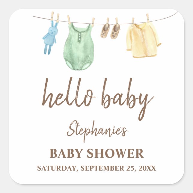 Adesivo Quadrado Chá de fraldas Boho Clothes Line Hello Baby (Frente)