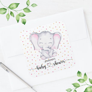 Adesivo Quadrado Chá de fraldas de Aquarela de Elefante Rosa