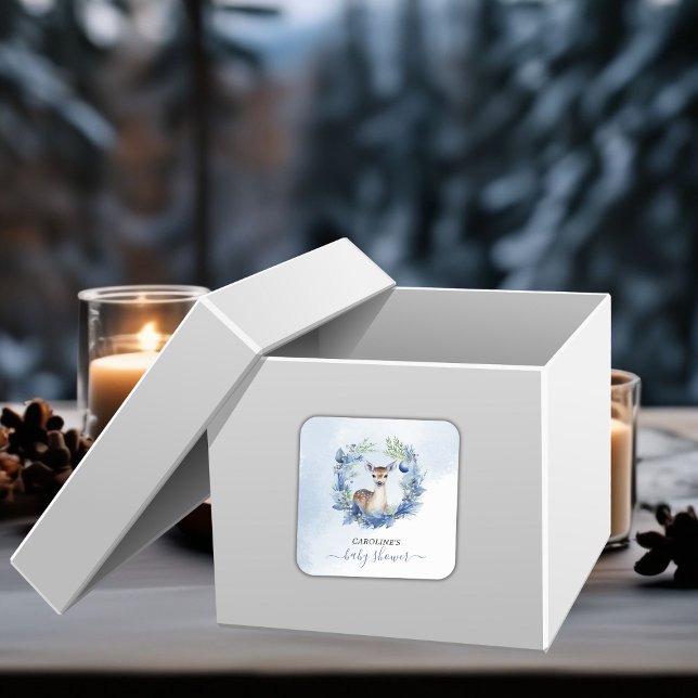 Adesivo Quadrado Chá de fraldas de Aquarela de Veado Inverno (Winter Deer Watercolor Baby Shower Square Sticker)