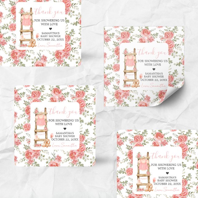 Adesivo Quadrado Chá de fraldas de Boho para Garota Doce (Pink Boho Clothes Baby Shower Sticker)