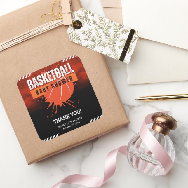 Adesivo Quadrado Chá de fraldas de Bola Laranja Moderno de Basquete (Presentear)