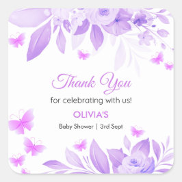 Adesivo Quadrado Chá de fraldas De Borboleta Roxa Obrigado