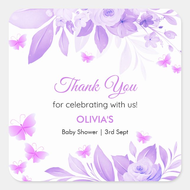 Adesivo Quadrado Chá de fraldas De Borboleta Roxa Obrigado (Frente)