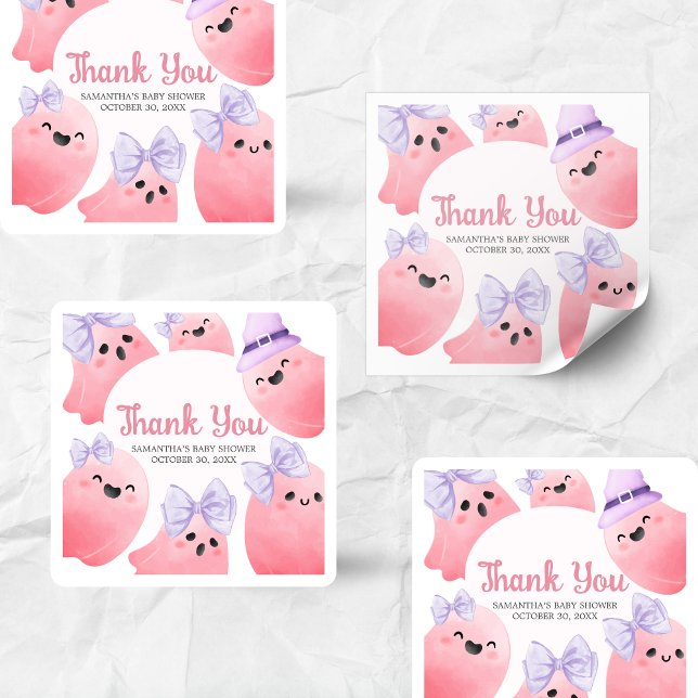 Adesivo Quadrado Chá de fraldas de Dia das Bruxas Rosa (Girl Little Boo Halloween Baby Shower Sticker)