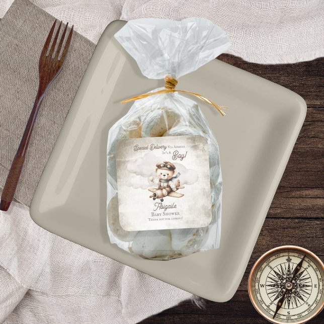Adesivo Quadrado Chá de fraldas de Entrega Especial do Urso de Tedd (Cute "Special Delivery Via Airmail . . . It's A Boy!" Teddy Bear Airplane Baby Shower Favor Stickers)