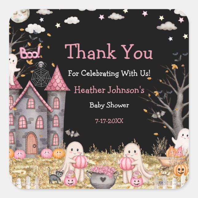 Adesivo Quadrado Chá de fraldas de Garota do Pastel Halloween (Frente)