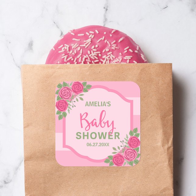 Adesivo Quadrado Chá de fraldas de Garotas Rosa e Rosas (Criador carregado)